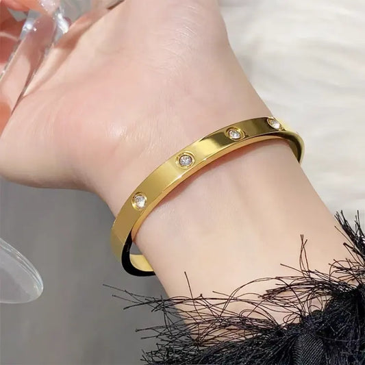 Crystal Studded Gold-Tone Hinged Bangle