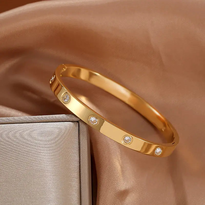 Crystal Studded Gold-Tone Hinged Bangle